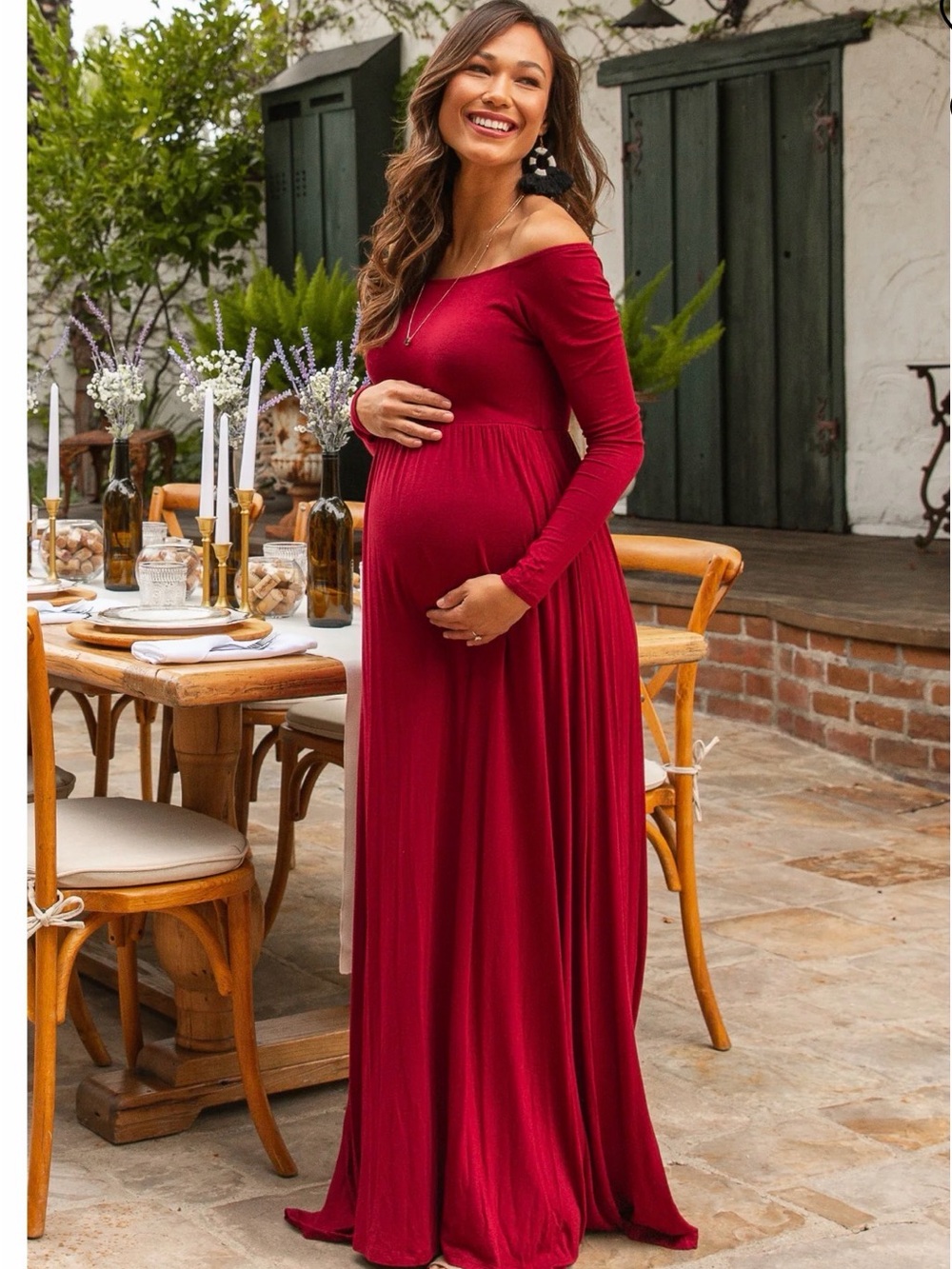PinkBlush Burgundy Maternity Off-Shoulder Dress
